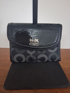 Coach Black Signature Canvas & Patent Leather Small Wallet Some Marks On Inside